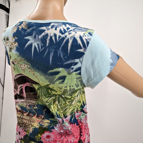 Vintage 90s y2k Take Two Ringer Tee Floral Tropical Falmingo Sequins Size S - Picture 9 of 10